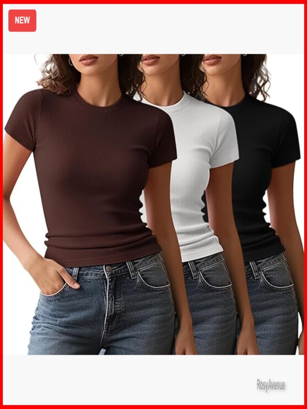 3 Pack Ribbed Knit Fitted Tees Short Sleeve Crew Neck Basic Tops